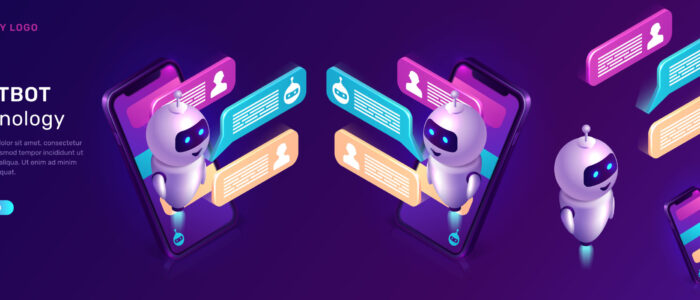 Chatbot technology, isometric concept vector illustration. Website landing page with mobile phone, artificial intelligence, robot looking out and text bubble or message icons, ultraviolet web banner.