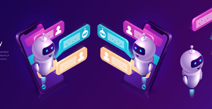 Chatbot technology, isometric concept vector illustration. Website landing page with mobile phone, artificial intelligence, robot looking out and text bubble or message icons, ultraviolet web banner.