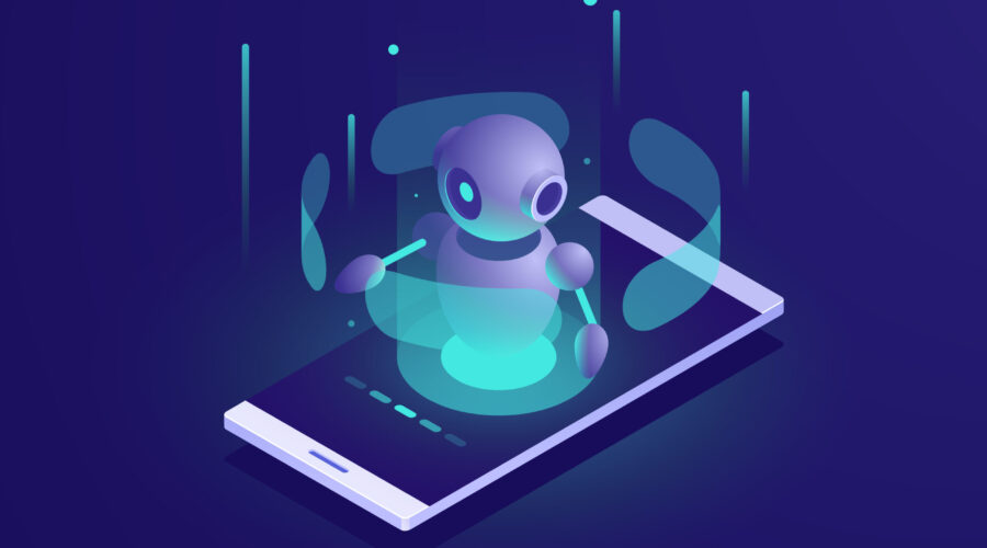Artificial Intelligence, isometric ai robot on mobile phone screen, chatbot app vector neon dark