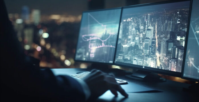 Businessman typing on computer, city skyline glowing generated by artificial intelligence