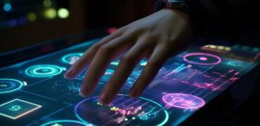 Glowing finger controls modern nightlife technology table generated by artificial intelligence