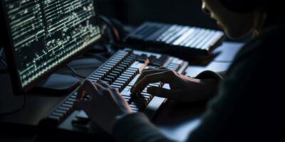 Young adult programmer typing on computer at office generated by artificial intelligence