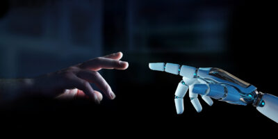 White cyborg finger about to touch human finger on dark background 3D rendering